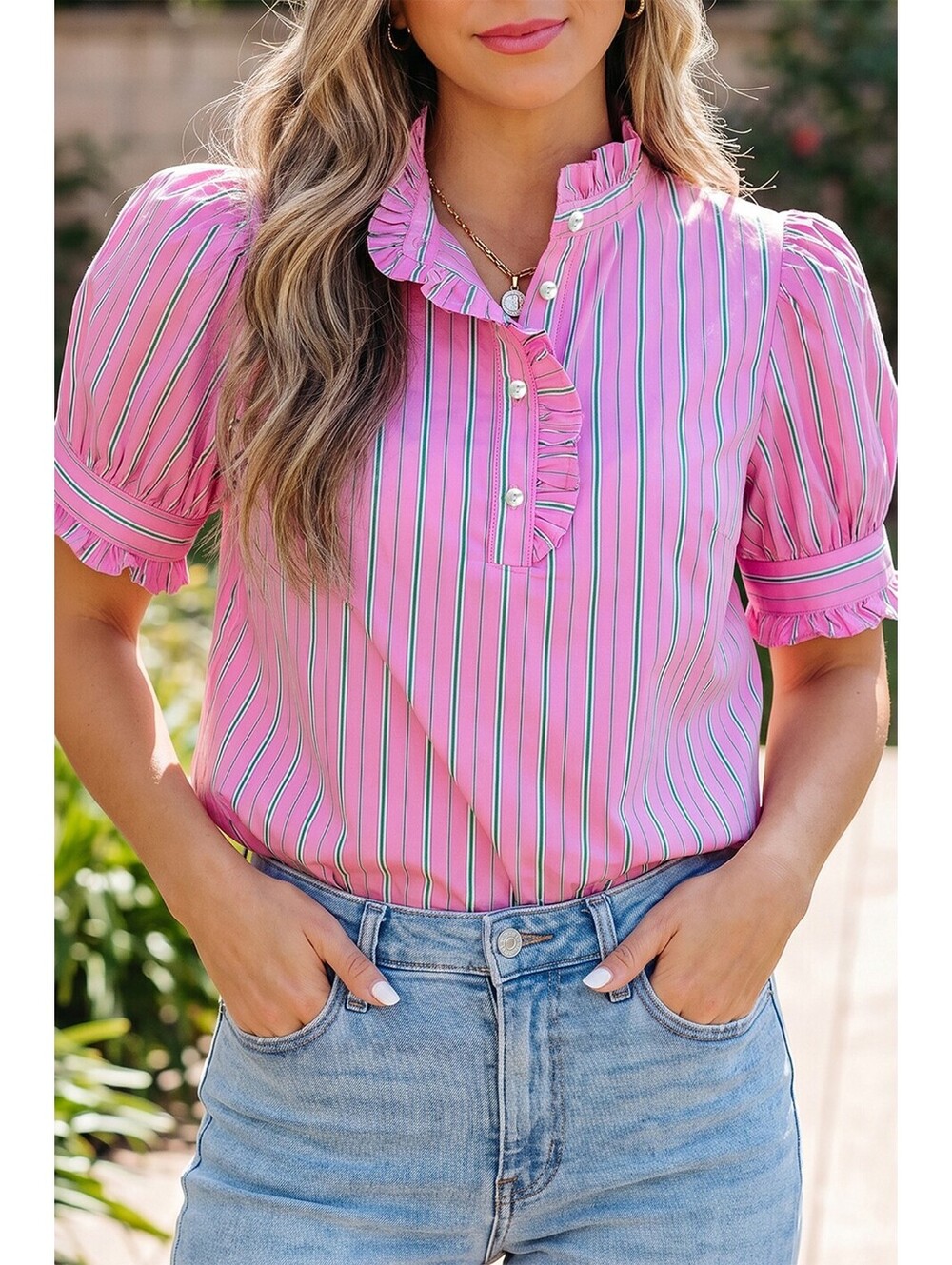 Pink Striped Ruffle Collar Button-Up Blouse